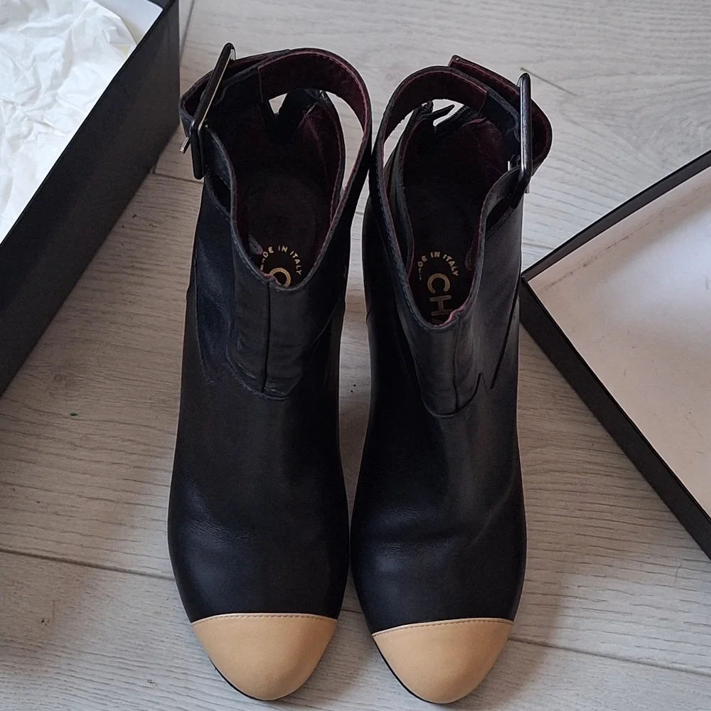 Chanel Boots Size 37 Coco Mark CC Logo Short Strap High Heel Bicolor